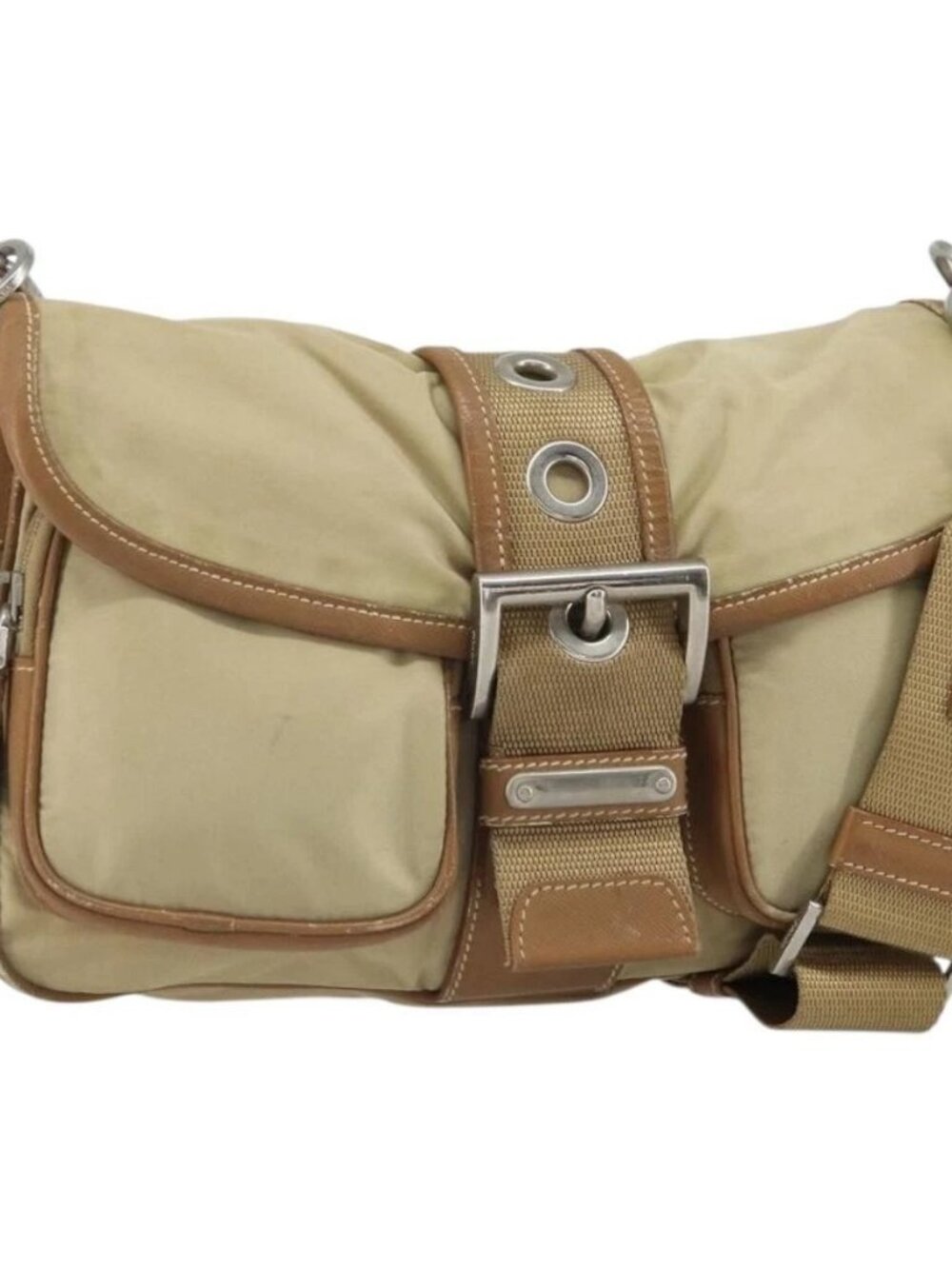 PRADA Shoulder Bag Nylon Beige Silver Auth ka1242